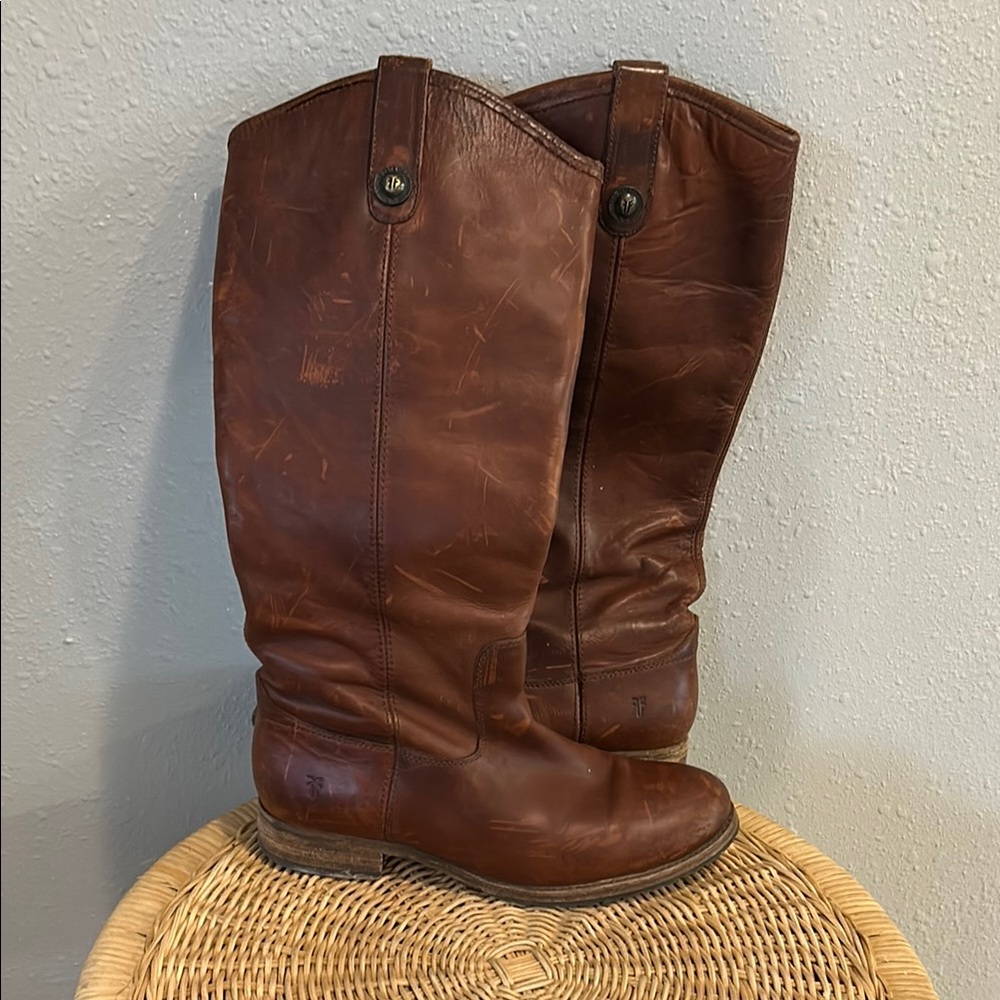 Frye Melissa Double Sole Button Lug boots in Cognac Brown